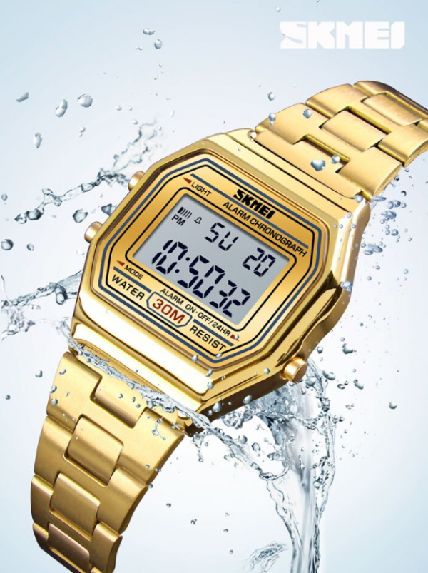 Jam digital dengan tali stainless steel berwarna emas